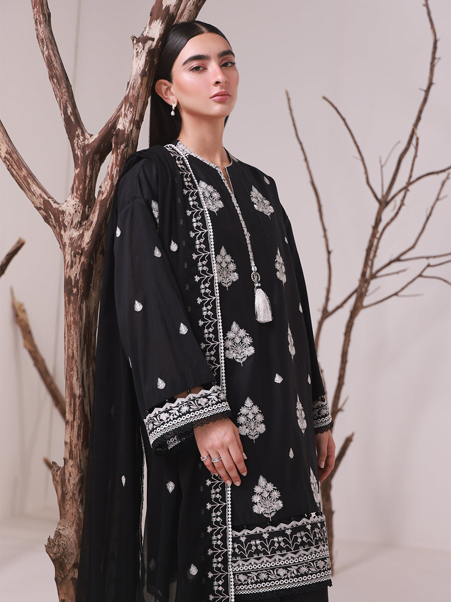 3pc Unstitched - Black & White Embroidered Lawn Suit