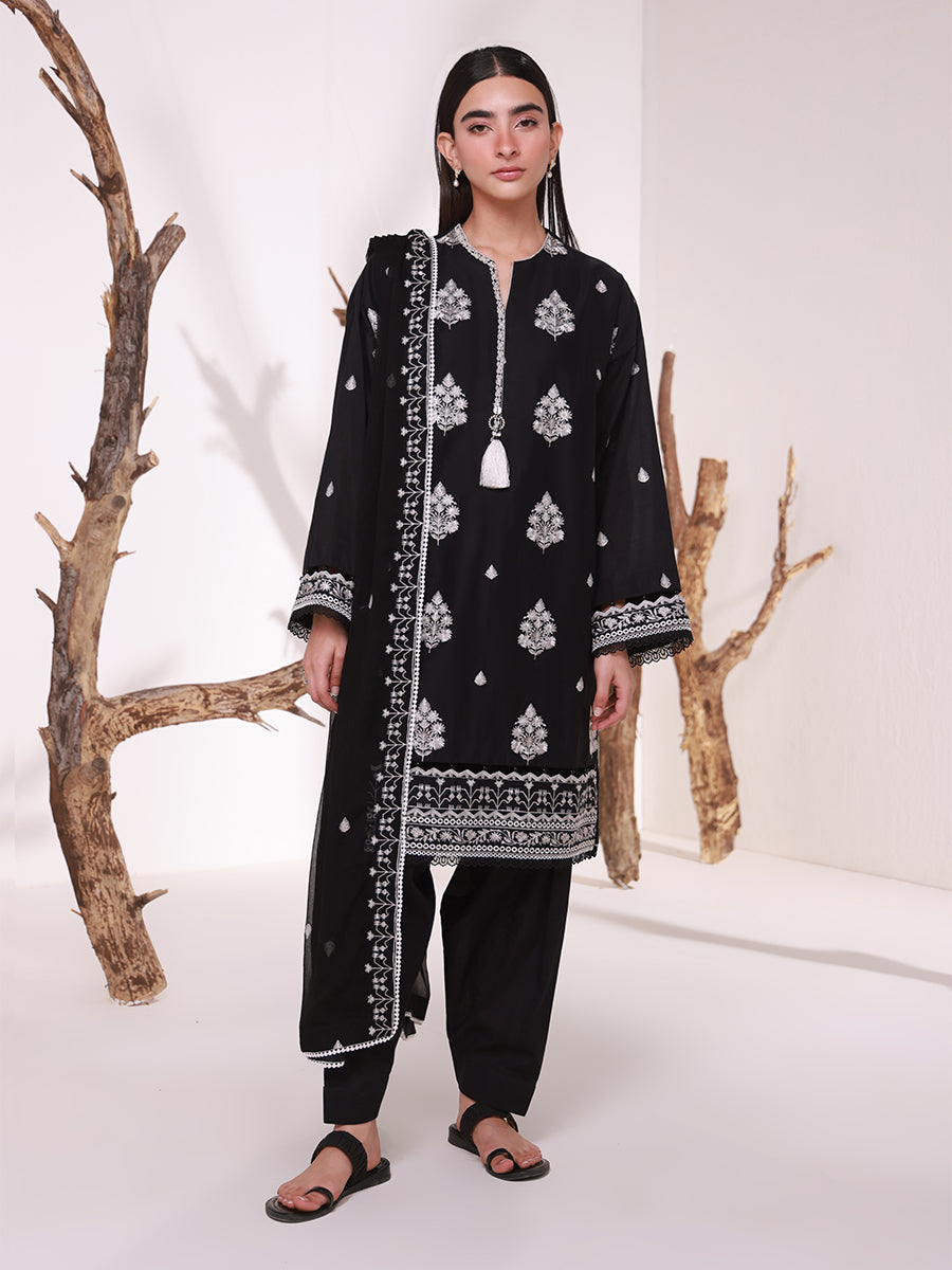 3pc Unstitched - Black & White Embroidered Lawn Suit