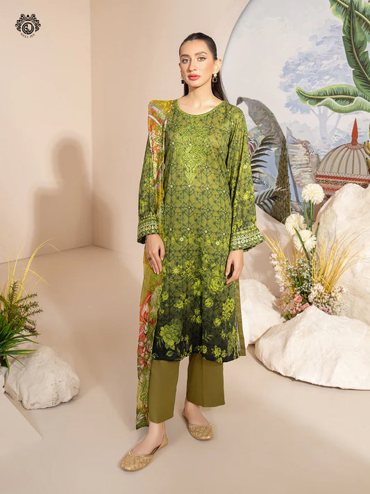 Gull Jee - 3PC Lawn Embroidered Shirt Embroidered Bamber Chiffon Duppata & Dyed Trouser - GSK2404A4