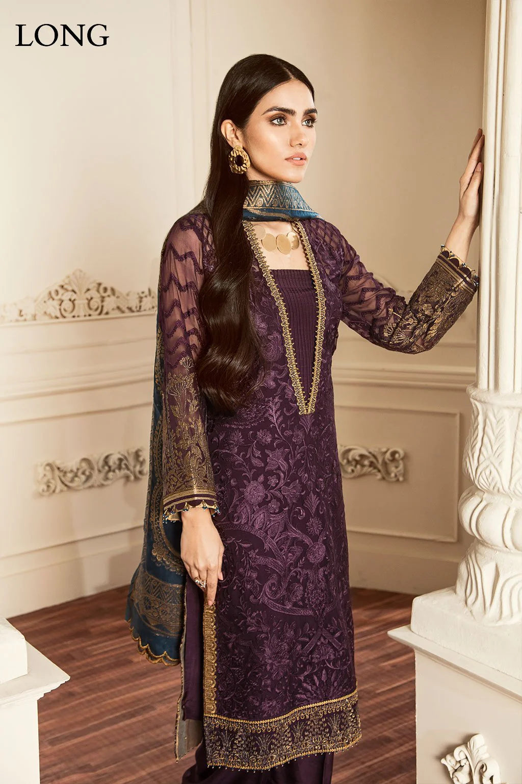 3 Piece EMBROIDERED CHIFFON WITH JAMAVAAR DUPATTA AND TROUSER CH05-10 - Baroque