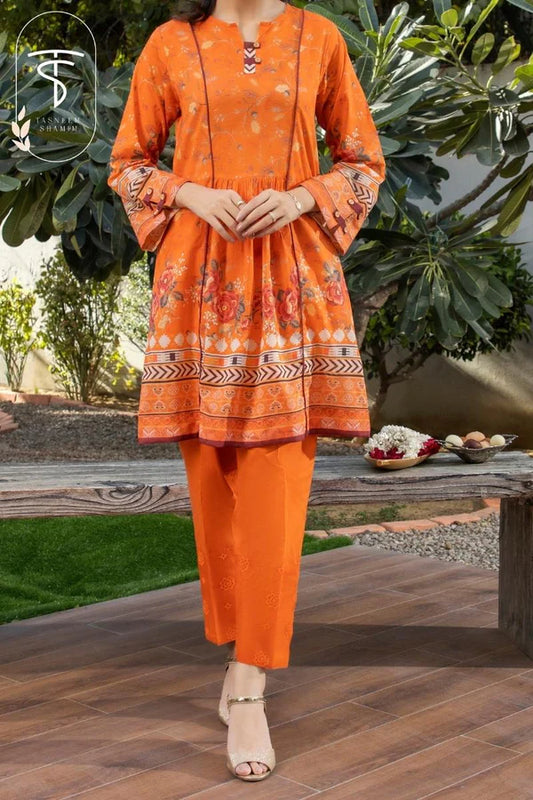 2pc Unstitched - orange two piece collection with embroidered trouser and printed shirt