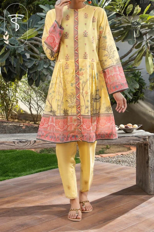 2pc Unstitched - yellow printed shirt with a combination of pink border and floral print paired with embroidered cotton matching trouser