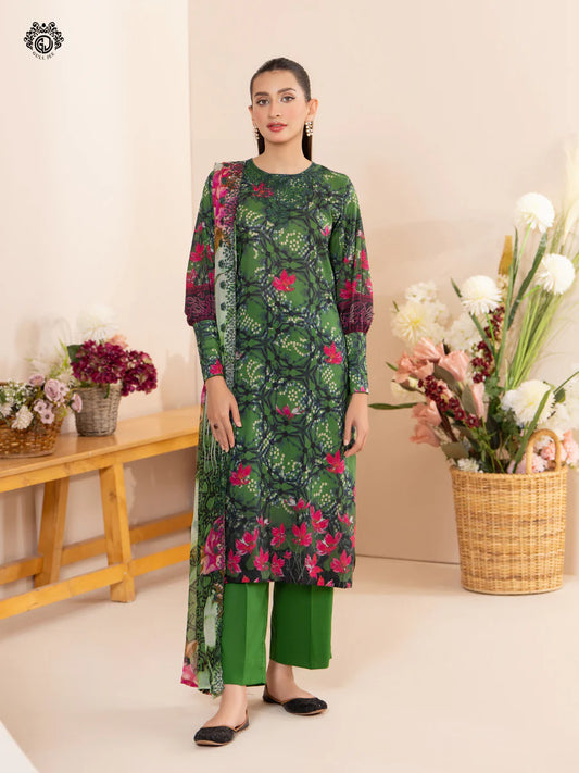 Gull Jee - 3PC Lawn Embroidered Shirt Embroidered Bamber Chiffon Duppata & Dyed Trouser - GSK2404A12