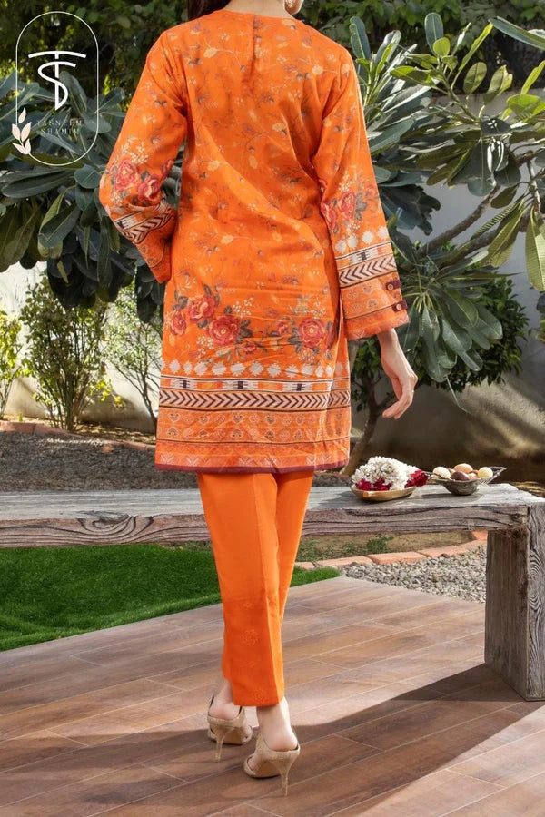 2pc Unstitched - orange two piece collection with embroidered trouser and printed shirt