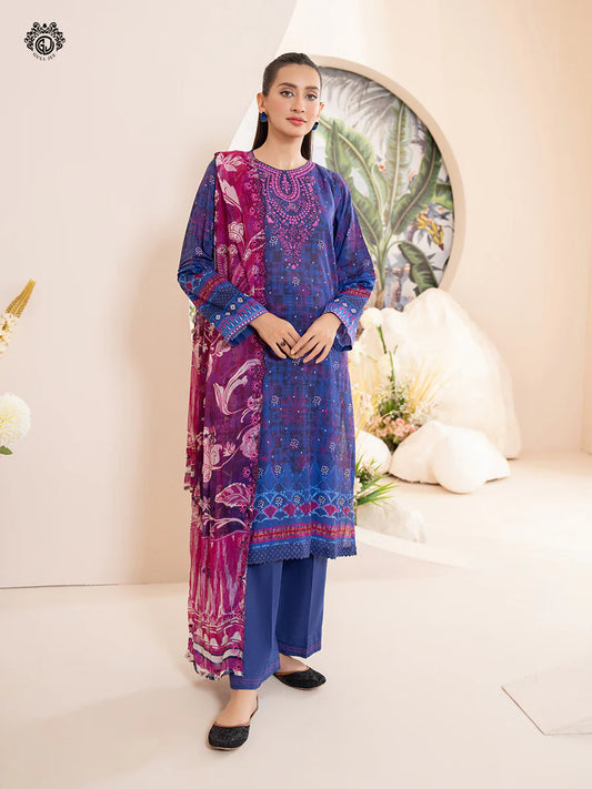 Gull Jee - 3PC Lawn Embroidered Shirt Embroidered Bamber Chiffon Duppata & Dyed Trouser - GSK2404A8