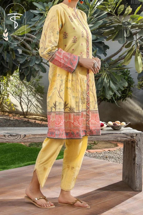 2pc Unstitched - yellow printed shirt with a combination of pink border and floral print paired with embroidered cotton matching trouser