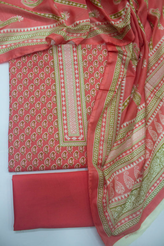 D-703 3Pc Cotton Digital Printed Unstitched Suit with Printed Dupatta & Plain Trouser.