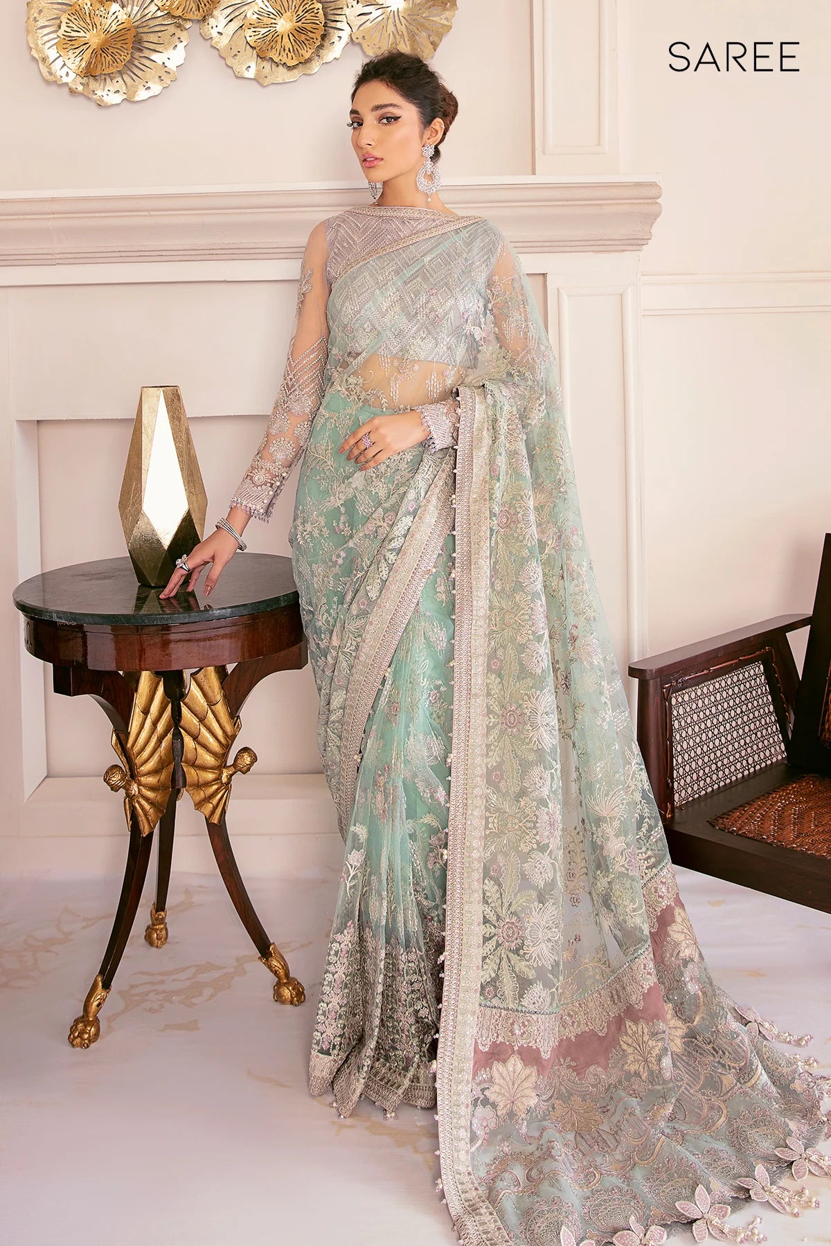 3 Piece EMBROIDERED NET WITH SAREE PALLU AND TROUSER CH08-10 - Baroque