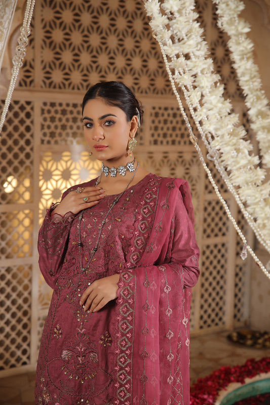 Muntaha - Unstitched 3pc Lawn Jacquard Embrdoiered Shirt with Chiffon Embroidered Dupatta and Trouser - 00