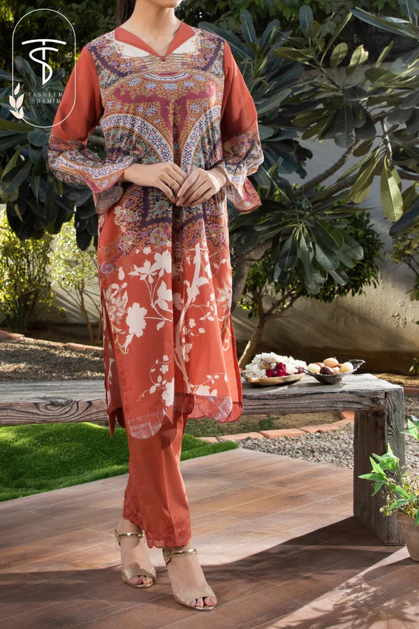 2pc Unstitched - orange printed shirt paired with embroidered matching pants