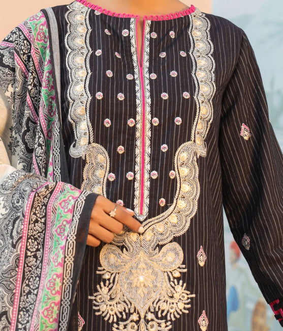 Embroidered Shirt Shalwar Dupatta - Black - Khaddar Suit - 0770