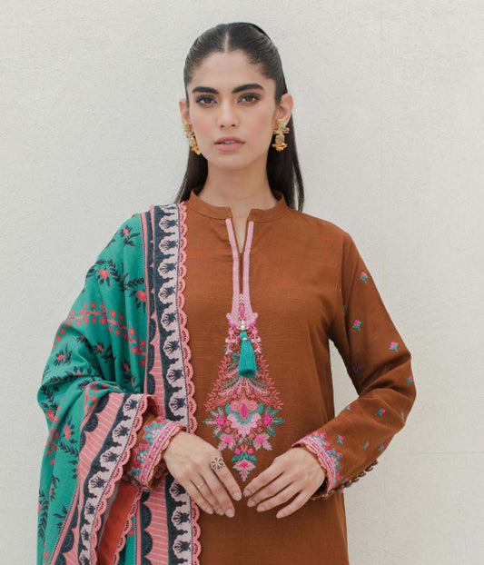 Embroidered Shirt Shalwar Dupatta - Brown - Khaddar Suit - 0705