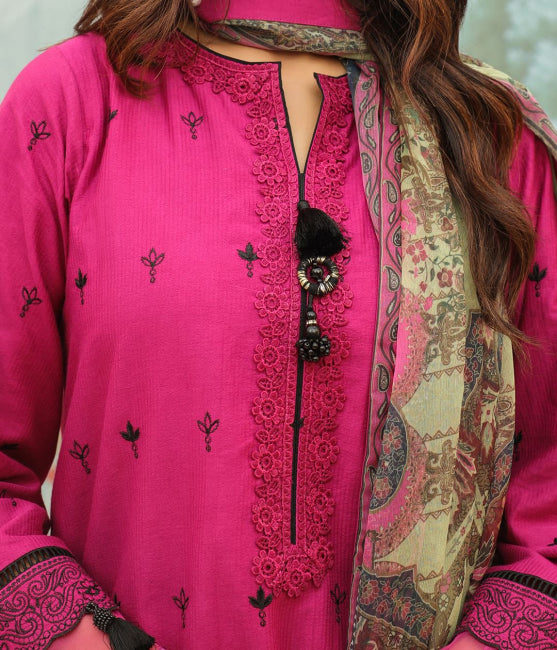 Embroidered Shirt Shalwar Dupatta - Purple - Khaddar Suit - 0772