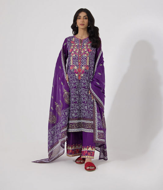 Embroidered Shirt Shalwar Dupatta - Purple - Textured Suit-0196