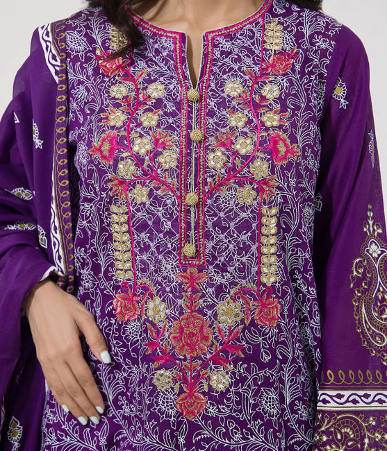 Embroidered Shirt Shalwar Dupatta - Purple - Textured Suit-0196