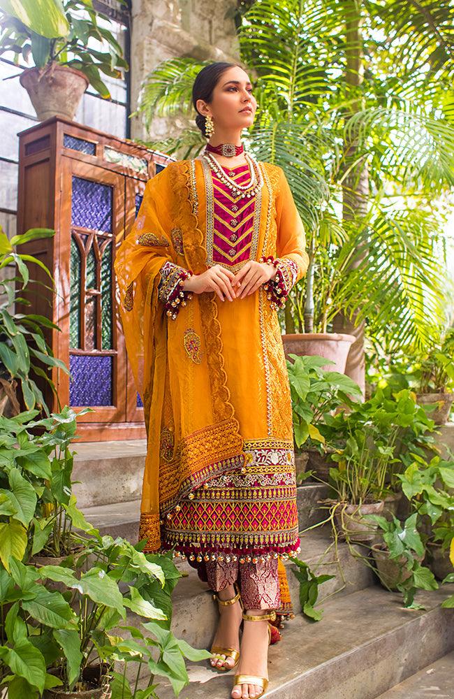AlZohaib - Full Embroidered Organza Shirt & Embroidered Organza Dupatta with Dyed Banarsi Jamawar Trouser - 𝓓𝓪𝓲𝓼𝔂 - Pehnawa Exclusive