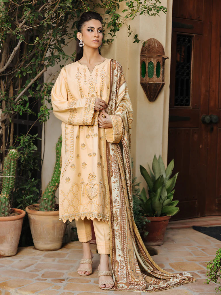 Salitex - 3pc Unstitched Winter Embroidered Suit With Shawl Peach Leather - PLEMB-01UT - Pehnawa Exclusive