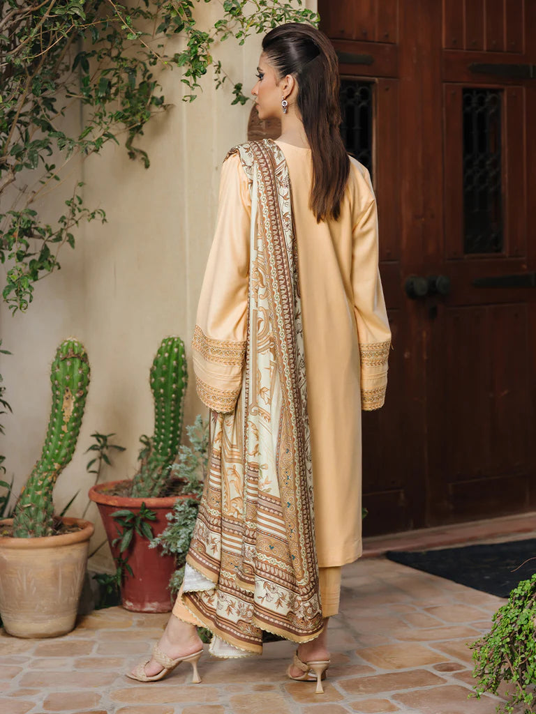 Salitex - 3pc Unstitched Winter Embroidered Suit With Shawl Peach Leather - PLEMB-01UT - Pehnawa Exclusive