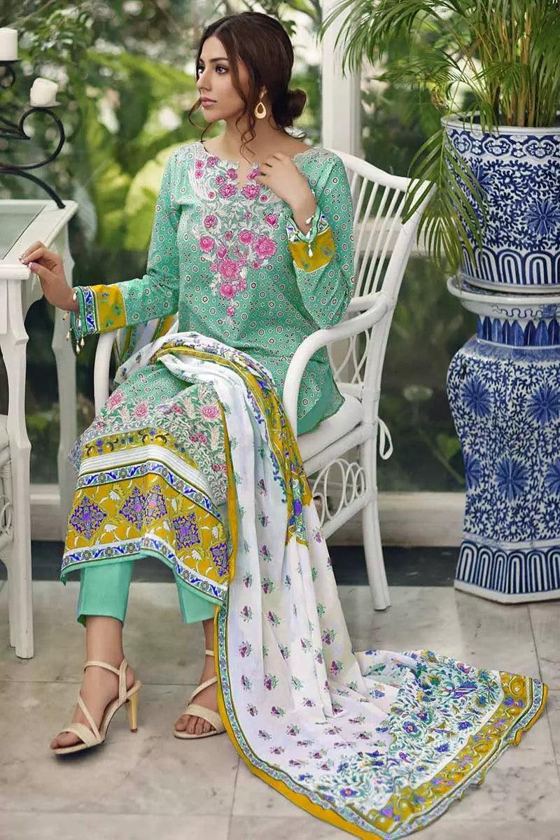 GulAhmed - Unstitched Embroidered 3Pc - Printed Shirt with Printed Dupatta & Dyed Trouser - CBE-84 - Pehnawa Exclusive