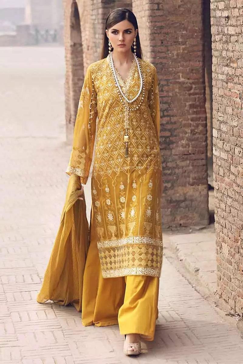 GulAhmed - Unstitched Embroidered 3Pc - Embroidered Shirt with Printed Dupatta & Dyed Trouser - FE-253 - Pehnawa Exclusive
