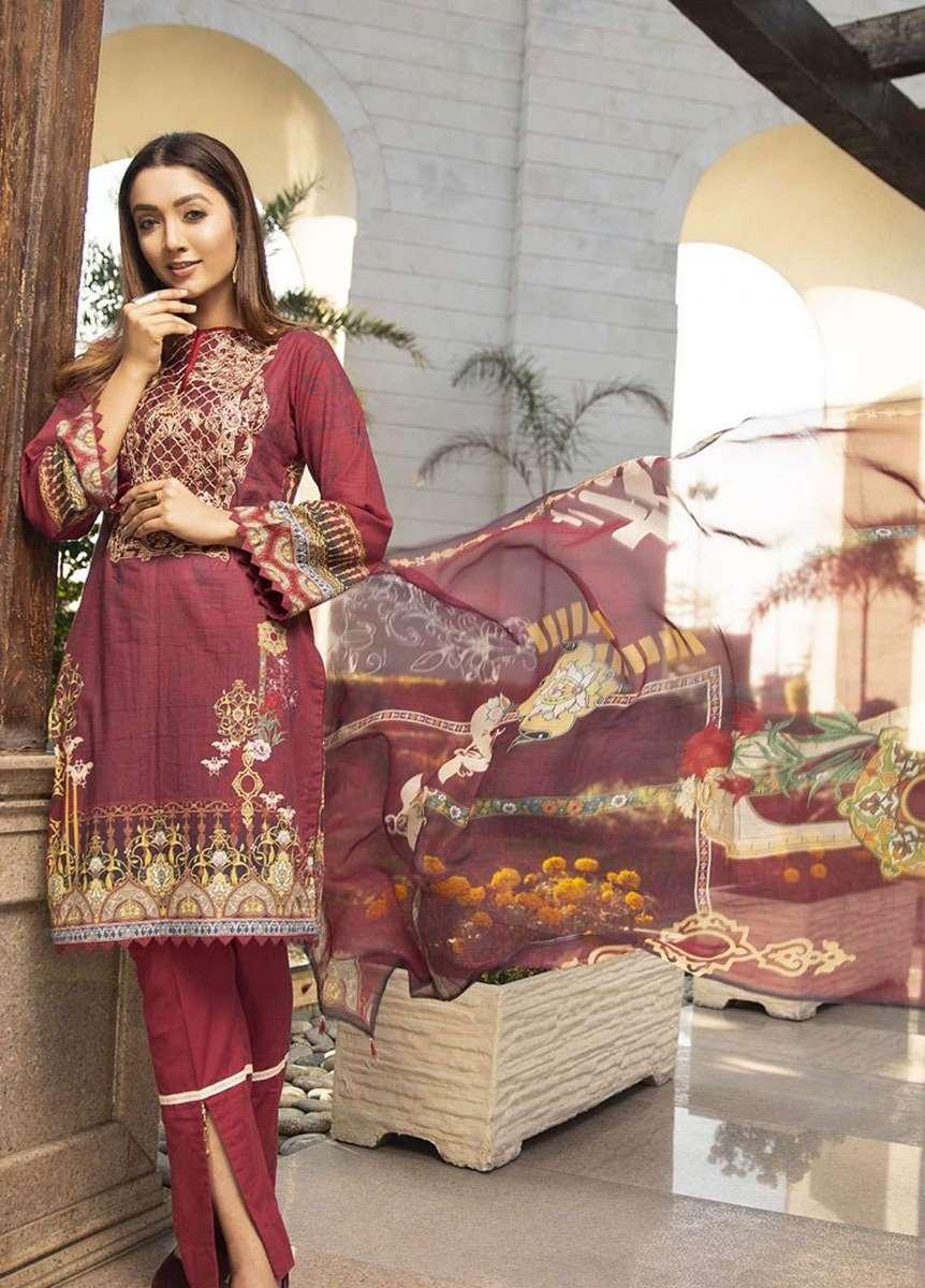 Mohagni - Unstitched 3pcs Embroidered Shirt with Printed Chiffon Dupatta & Dyed Trouser - FMO19L 09 - Pehnawa Exclusive