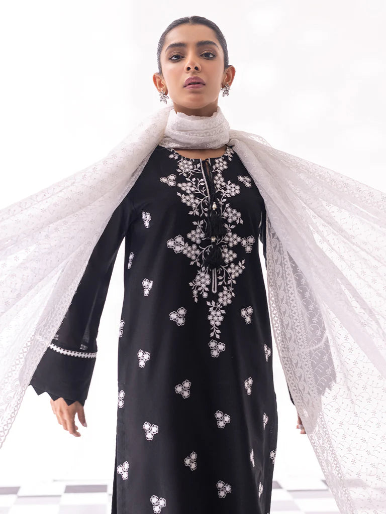 3pc Unstitched - Black & White Embroidered Lawn Suit - Monochrome (BW-00066UT) - Pehnawa Exclusive