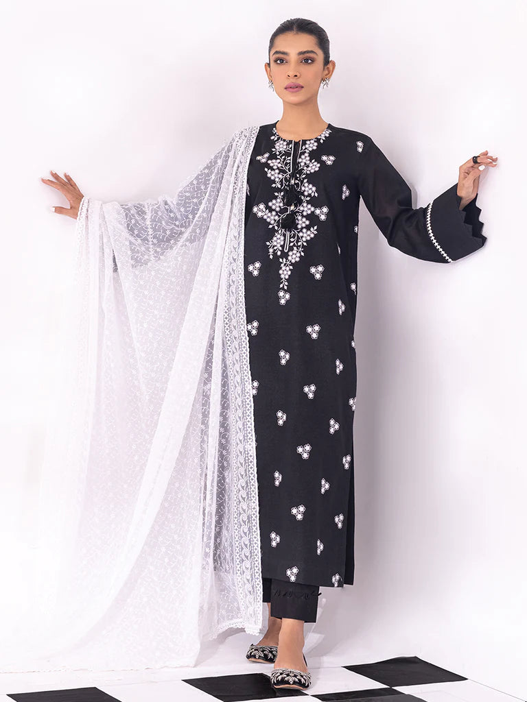 3pc Unstitched - Black & White Embroidered Lawn Suit - Monochrome (BW-00066UT) - Pehnawa Exclusive