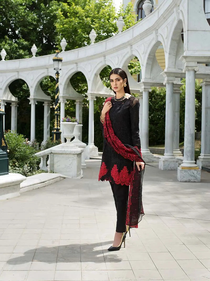 GulAhmed - 3Pc Red & Black Blended Embroidered Chiffon EA-39 - Pehnawa Exclusive