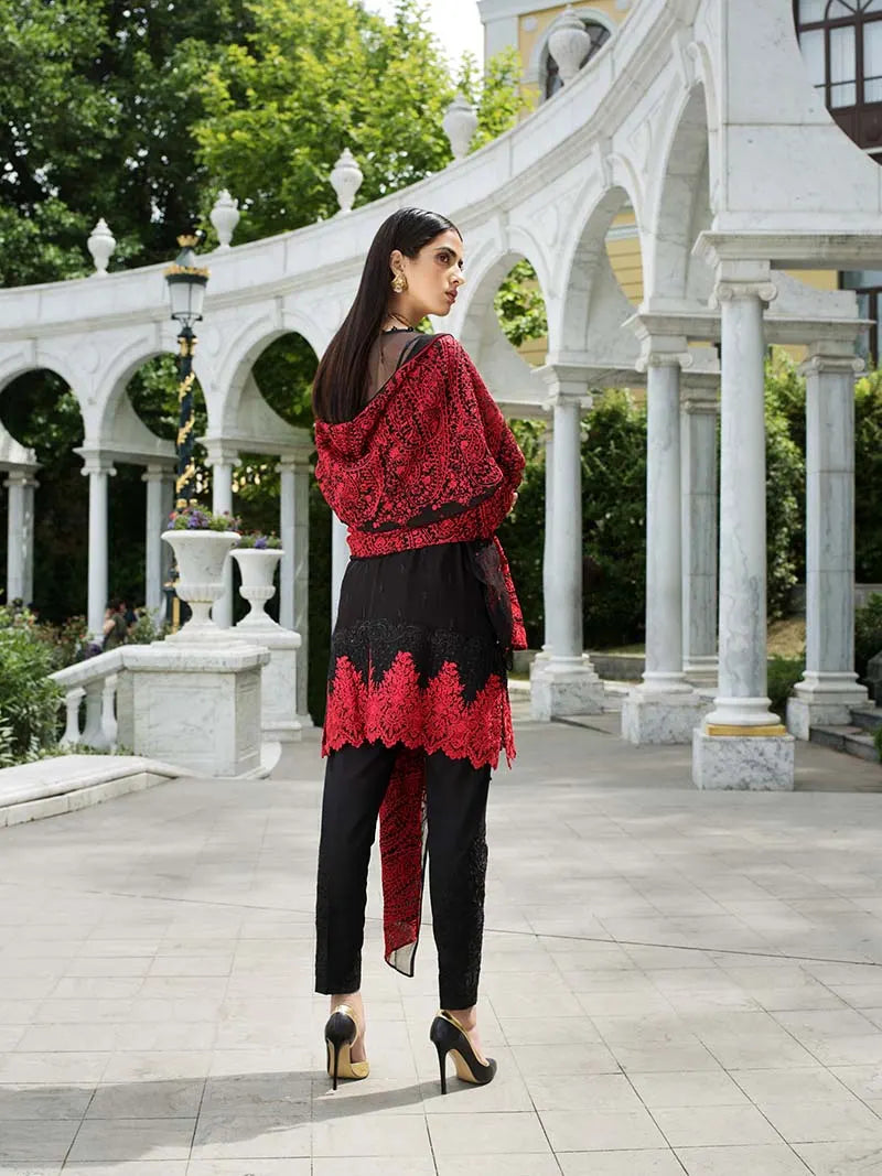 GulAhmed - 3Pc Red & Black Blended Embroidered Chiffon EA-39 - Pehnawa Exclusive