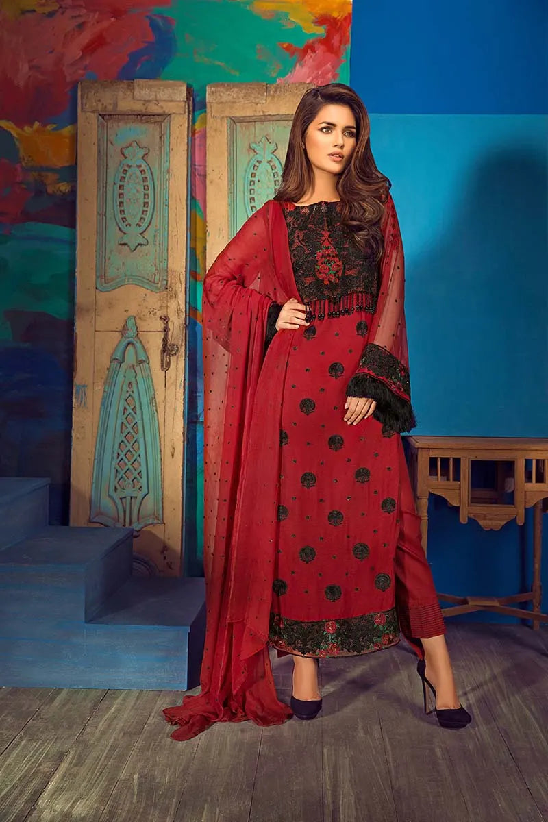 GulAhmed - 3Pc Maroon Blended Embroidered Chiffon EA-58 - Pehnawa Exclusive