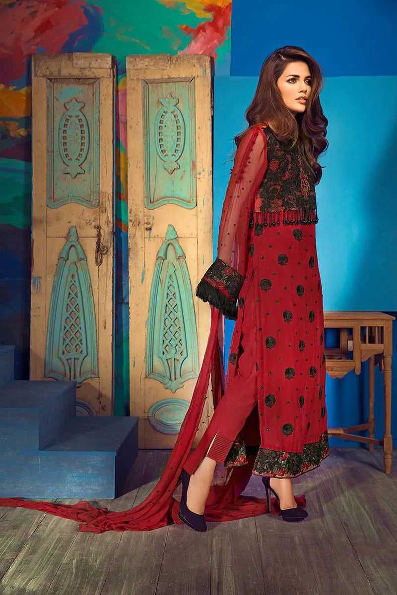 GulAhmed - 3Pc Maroon Blended Embroidered Chiffon EA-58 - Pehnawa Exclusive
