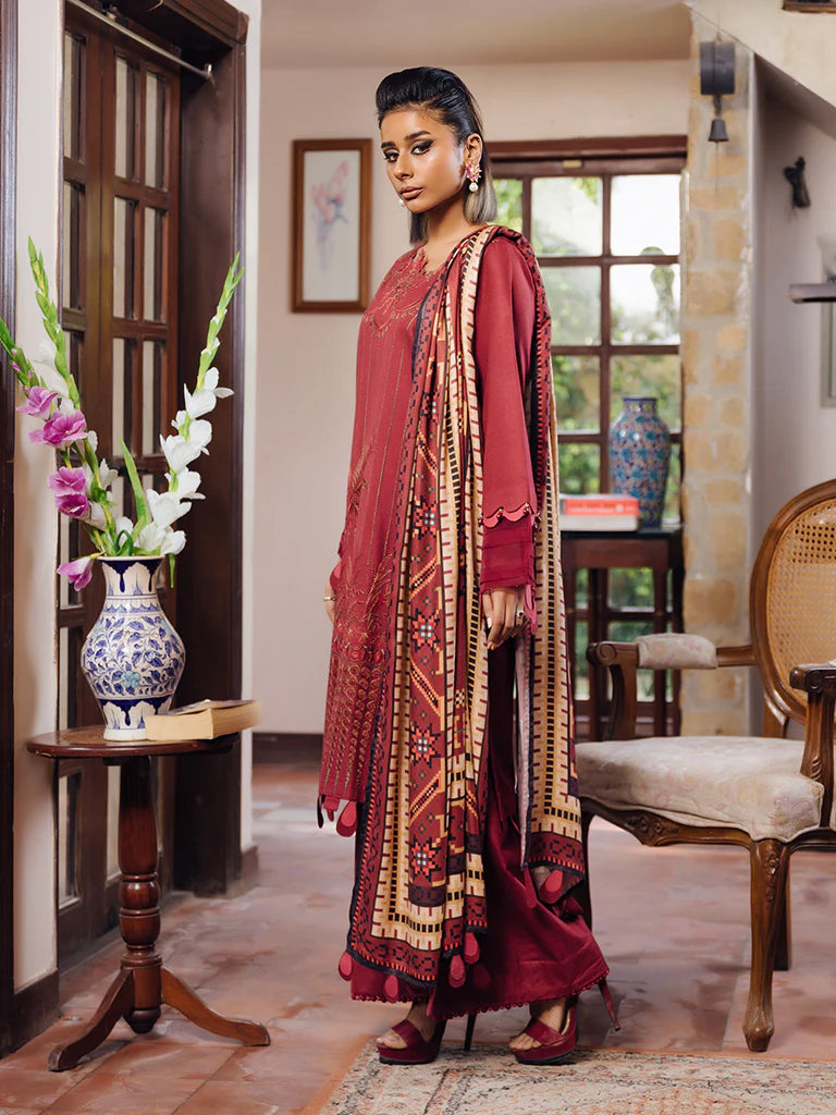 Salitex - 3pc Unstitched Winter Embroidered Suit With Shawl Peach Leather - PLEMB-07UT - Pehnawa Exclusive