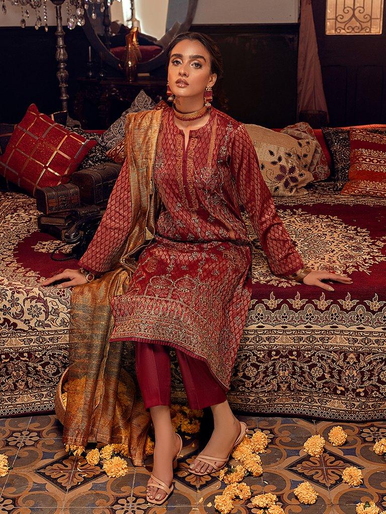 Salitex - Unstitched 3pc - Embroidered Jacquard Front with Plain Jacquard Back & Sleeves with Khaddi Net Dupatta & Dyed Cambric Trouser - (Mehr-e-Gul) (WK-00868) - Pehnawa Exclusive