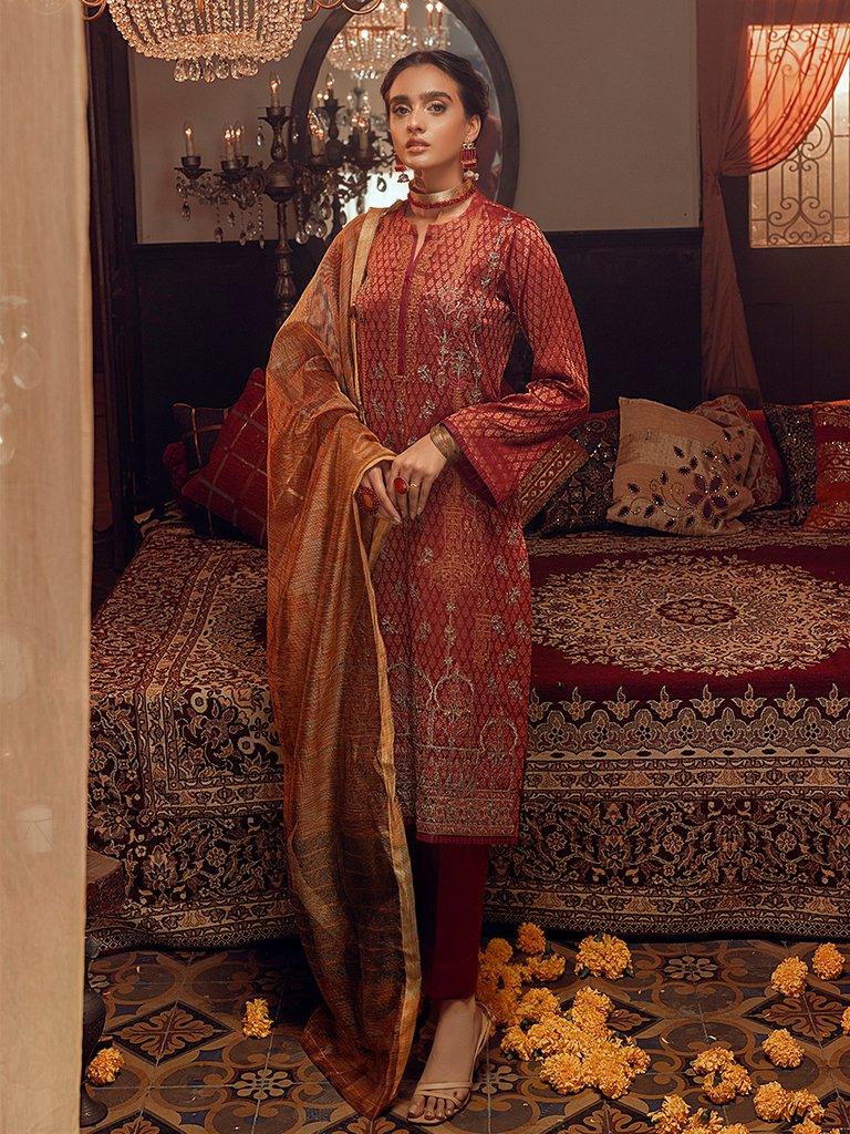 Salitex - Unstitched 3pc - Embroidered Jacquard Front with Plain Jacquard Back & Sleeves with Khaddi Net Dupatta & Dyed Cambric Trouser - (Mehr-e-Gul) (WK-00868) - Pehnawa Exclusive